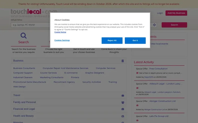 Screenshot of the Touch Local homepage