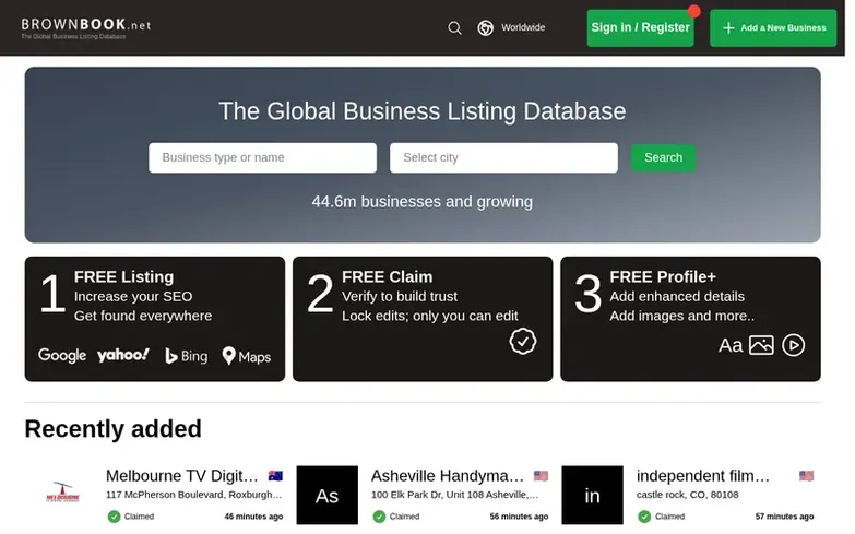 Screenshot of the Brownbook homepage