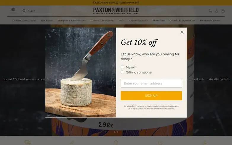 Screenshot of the Paxton & Whitfield homepage