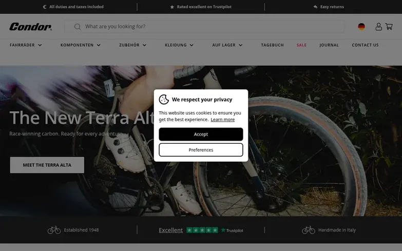 Screenshot of the Condor Cycles homepage