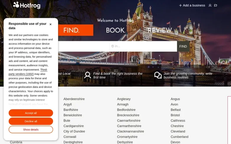 Screenshot of the Hotfrog homepage
