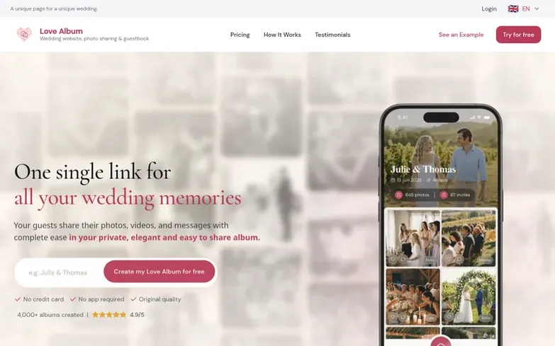 Screenshot of the Love Album homepage