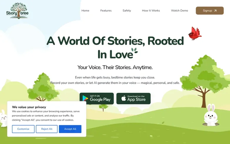 Screenshot of the Storytree homepage