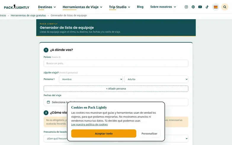 Screenshot of the Pack Lightly homepage