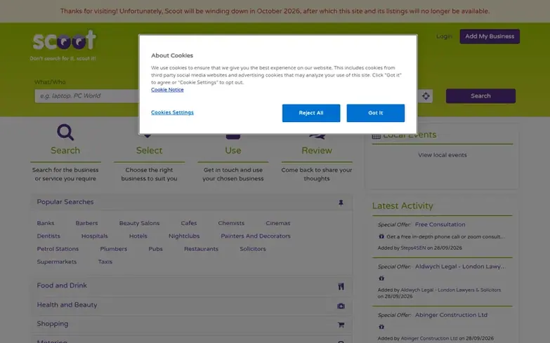 Screenshot of the Scoot homepage