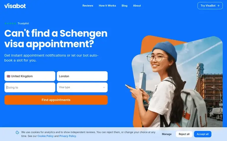 Screenshot of the VisaBot homepage
