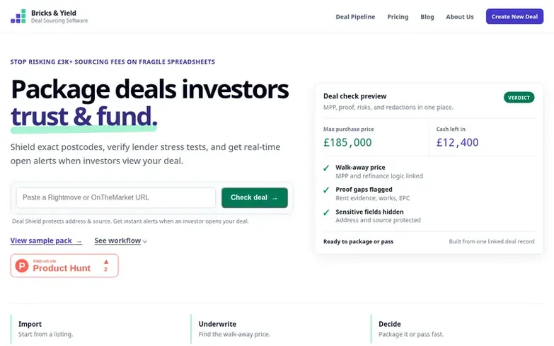 Screenshot of the Bricks & Yield homepage