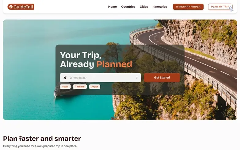 Screenshot of the GuideTail homepage