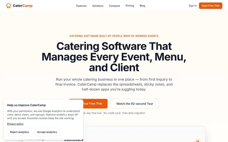Screenshot of the CaterCamp homepage