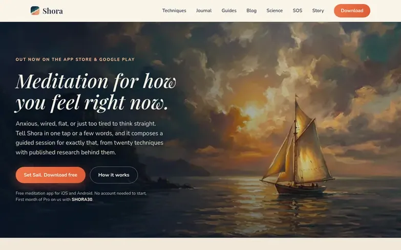 Screenshot of the Shora homepage